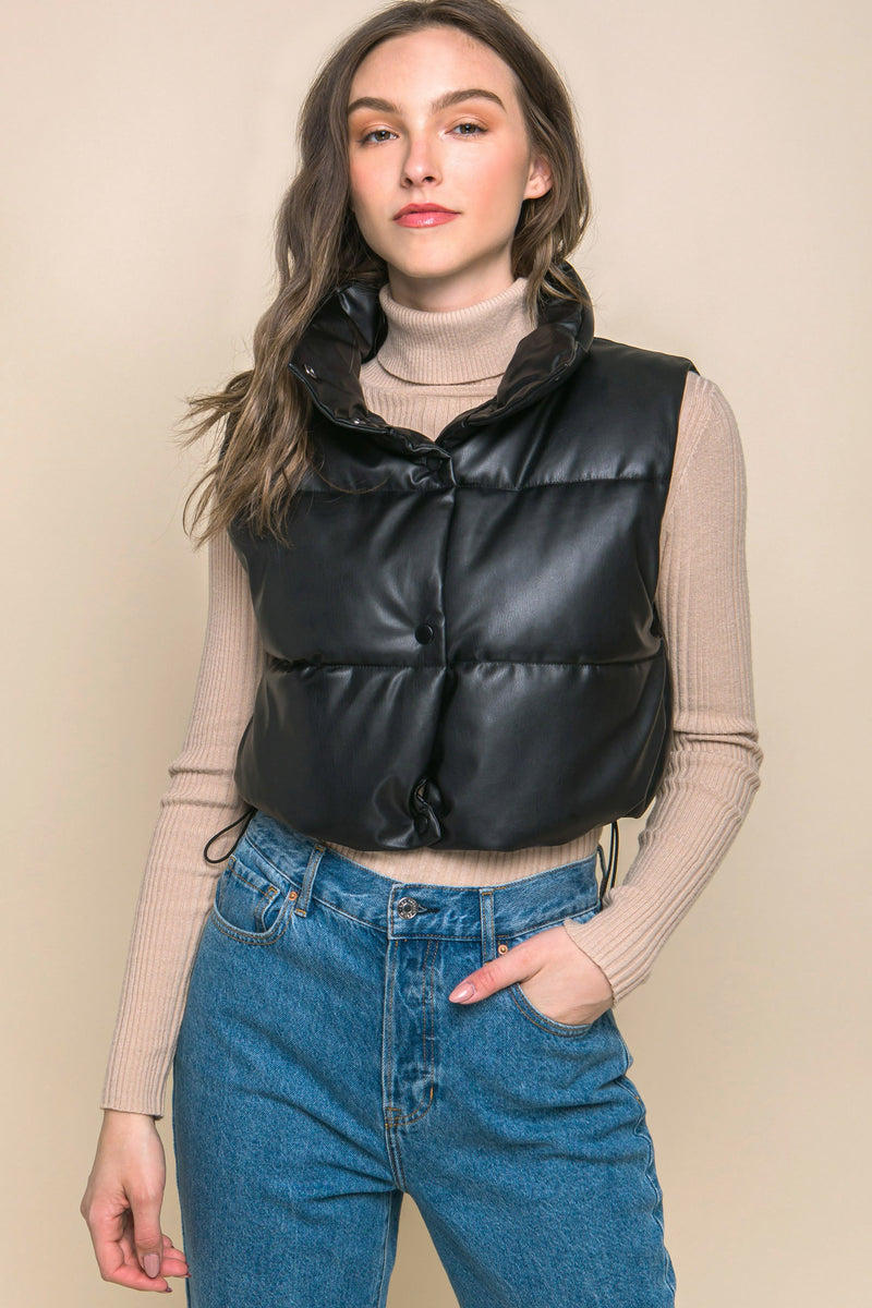 PU Faux Leather Puffer Vest with Snap Button