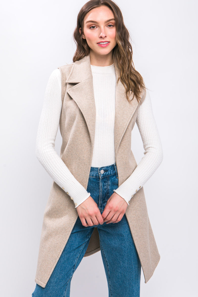 Lapel Collared Vest Coat with Waist Tie