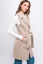 Lapel Collared Vest Coat with Waist Tie