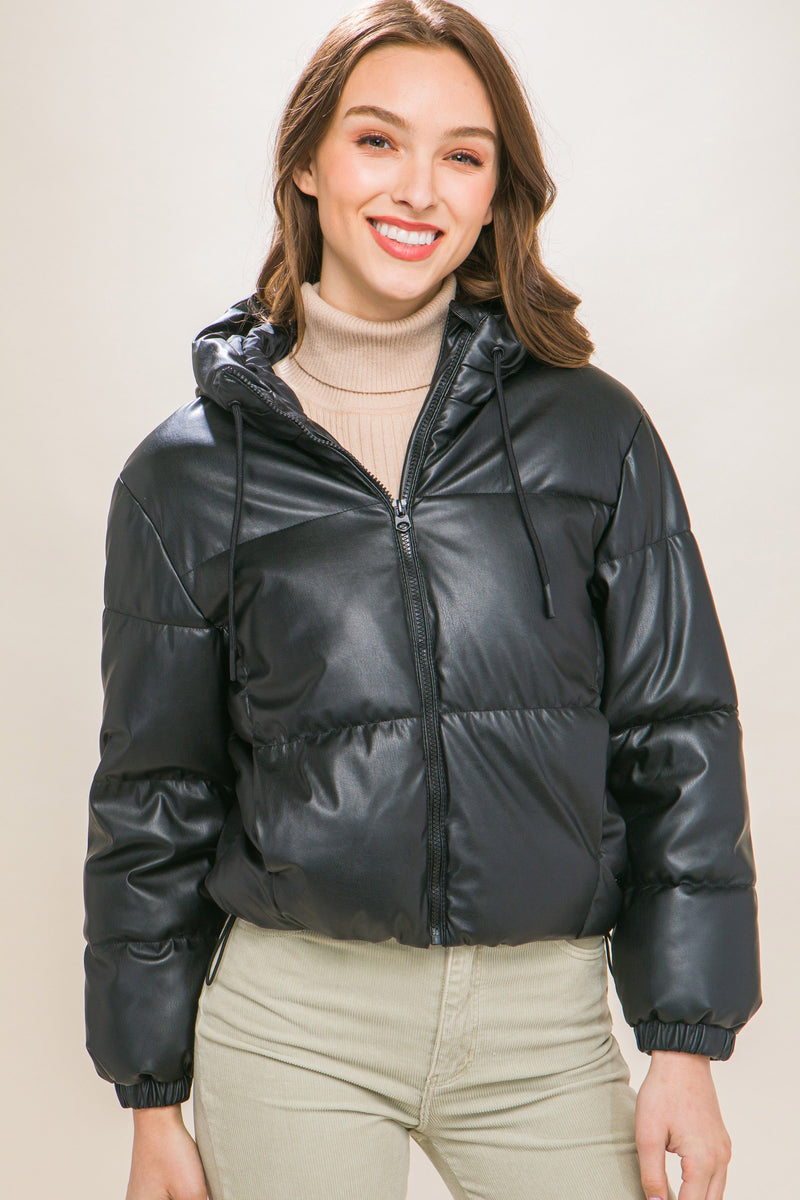 Faux Leather Hooded Puffer Jacket
