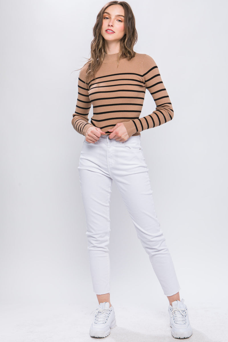 Mock Neck Ribbed Striped Long Sleeve Sweater Top