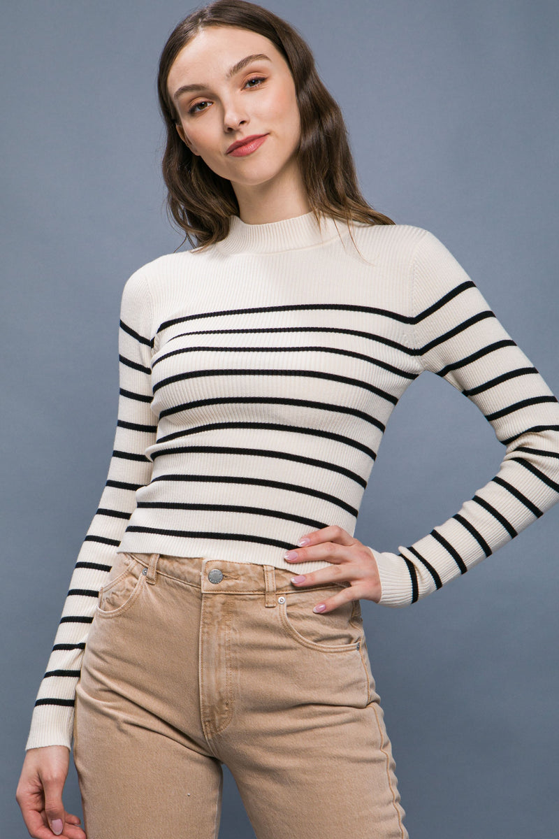 Mock Neck Striped Long Sleeve Sweater