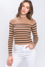 Mock Neck Ribbed Striped Long Sleeve Sweater Top