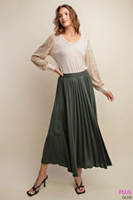 Plus Pleated Long Skirt with Elastic Waist Band