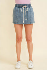 Drawstring Cinch Waist Denim Skort