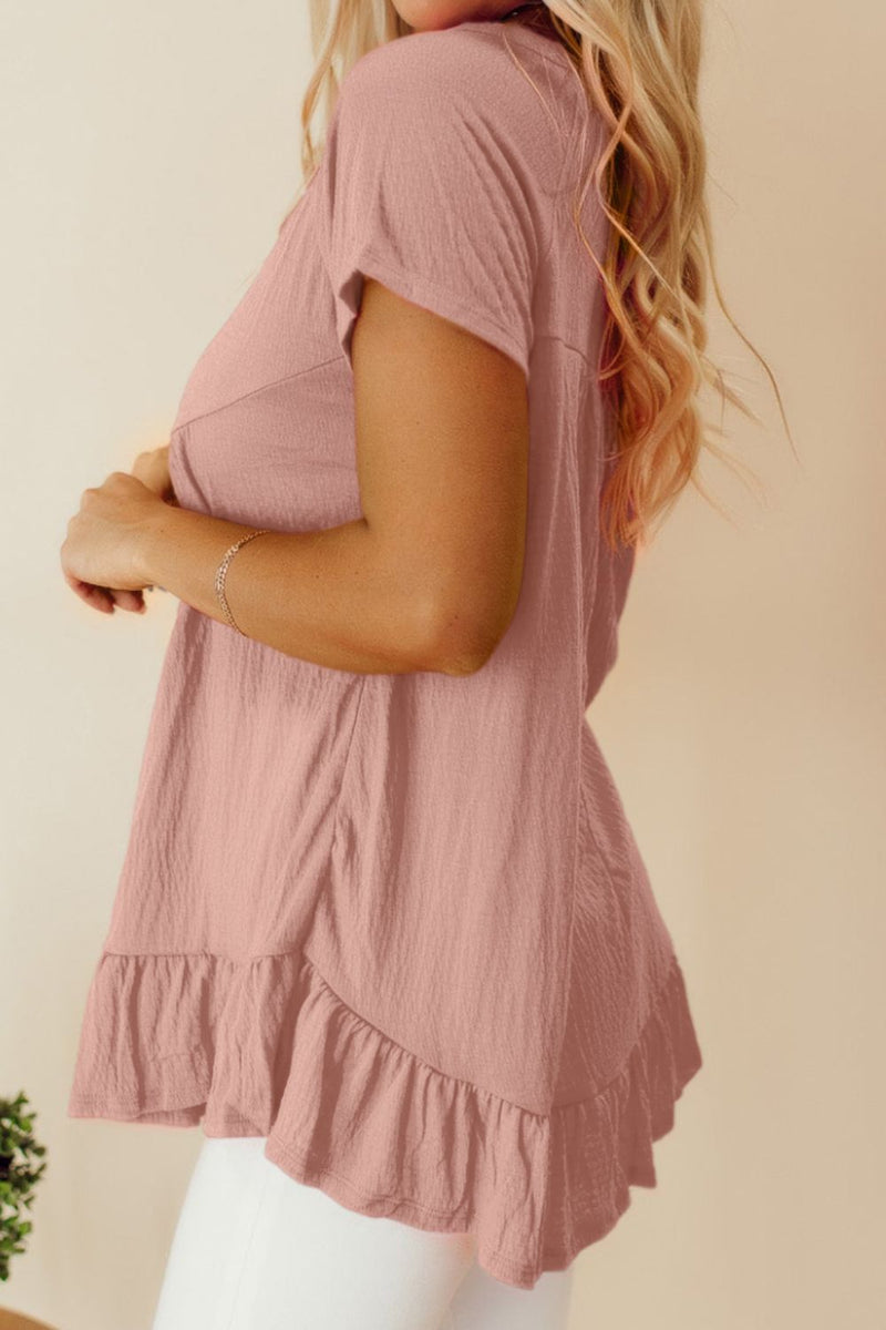 Ruffled Round Neck Short Sleeve Blouse