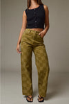 Olive Checkered Wide Leg Jeans