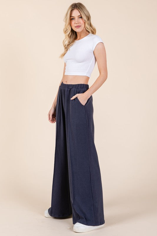 Elastic Waist Wide Leg Pants with Pockets