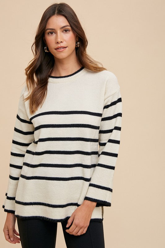 Side Slit Striped Round Neck Sweater