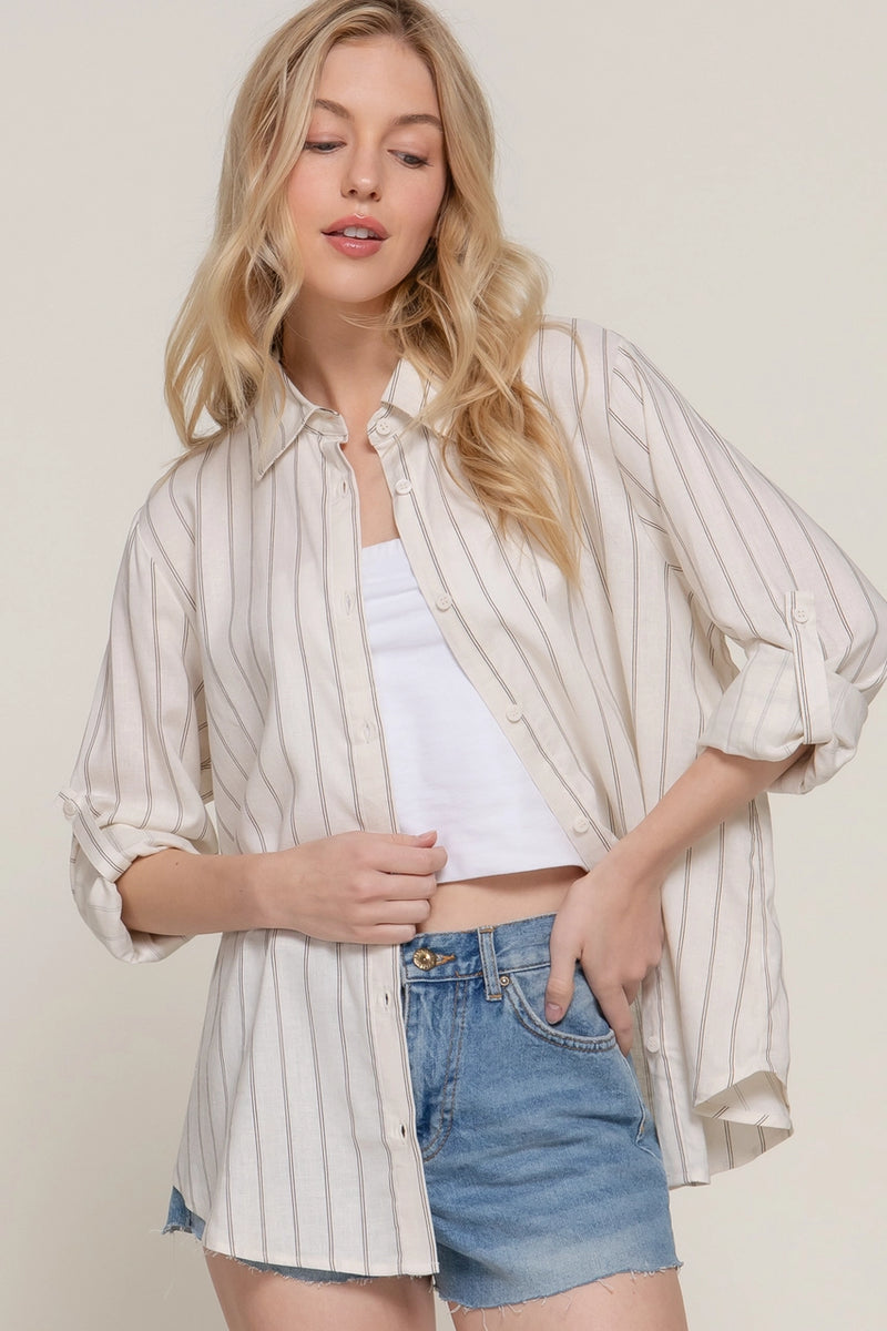 Long Sleeve Button Down Stripe Linen Oversized Shirt