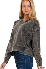 Zenana French Terry Acid Wash Raw Edge Pullover