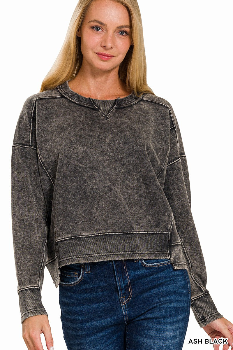 Zenana French Terry Acid Wash Raw Edge Pullover