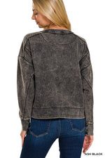 Zenana French Terry Acid Wash Raw Edge Pullover