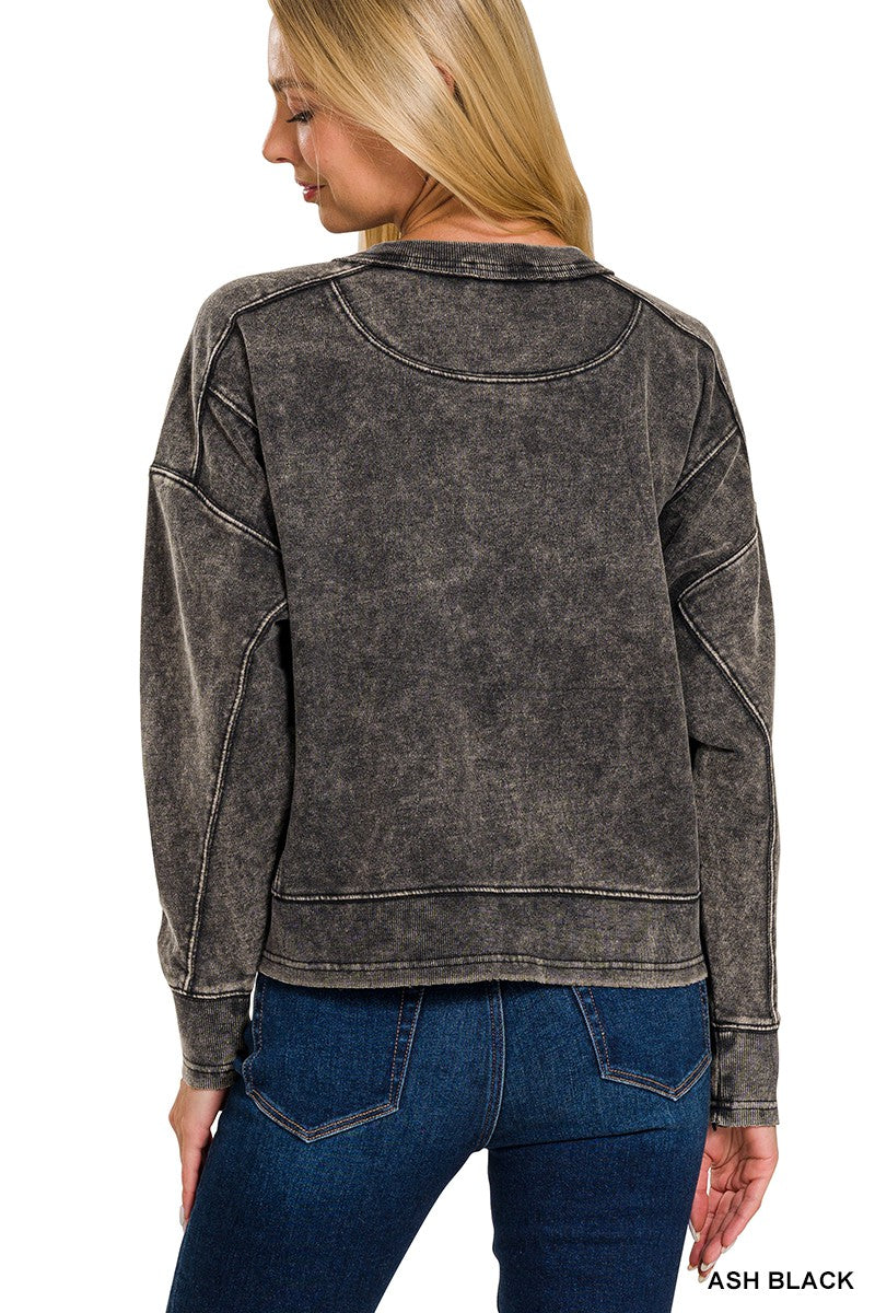 Zenana French Terry Acid Wash Raw Edge Pullover