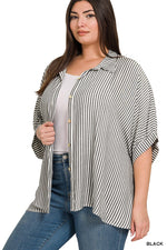 Zenana Plus Rayon Striped Short Sleeve Button Up Shirt