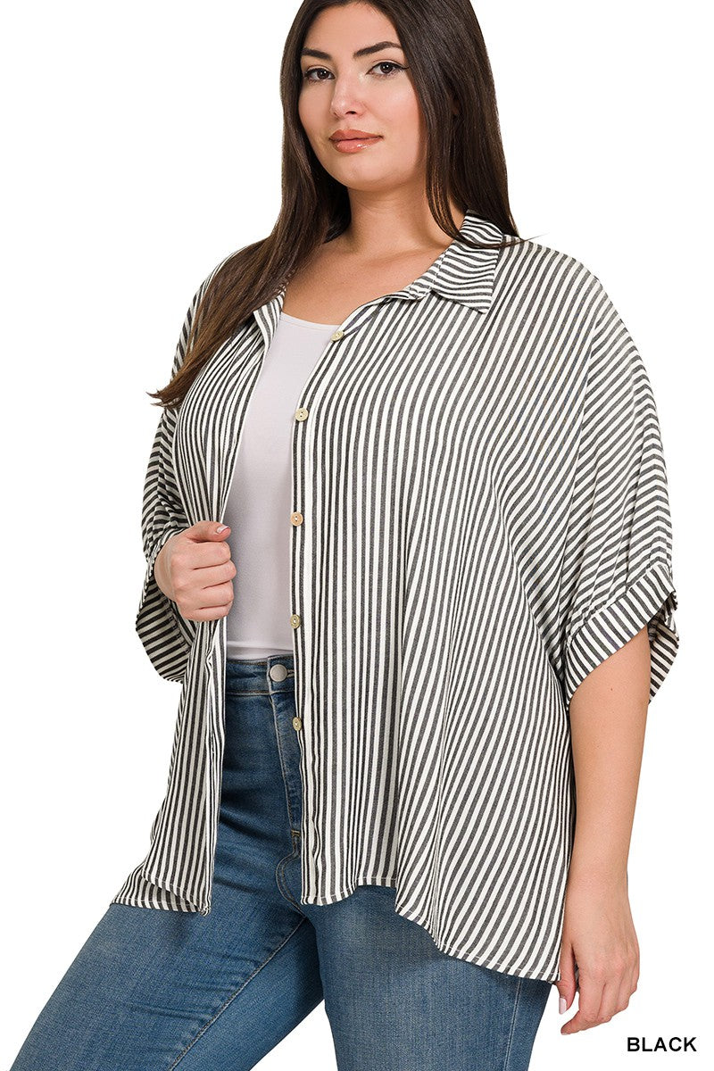 Zenana Plus Rayon Striped Short Sleeve Button Up Shirt