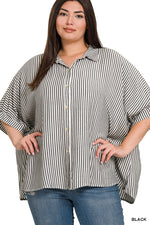 Zenana Plus Rayon Striped Short Sleeve Button Up Shirt