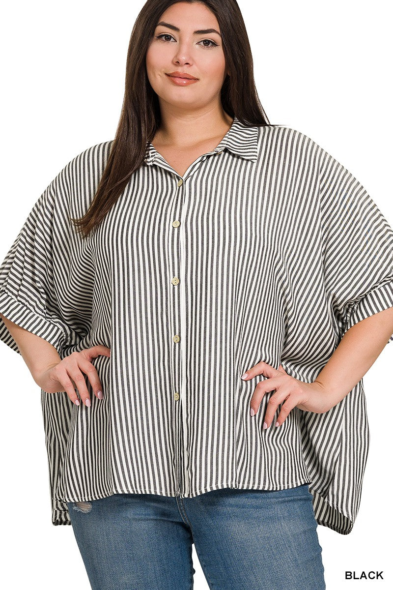 Zenana Plus Rayon Striped Short Sleeve Button Up Shirt