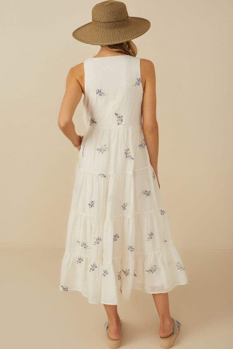 Ditsy Floral Embroidered V-Neck Tiered Dress
