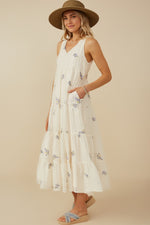 Ditsy Floral Embroidered V-Neck Tiered Dress