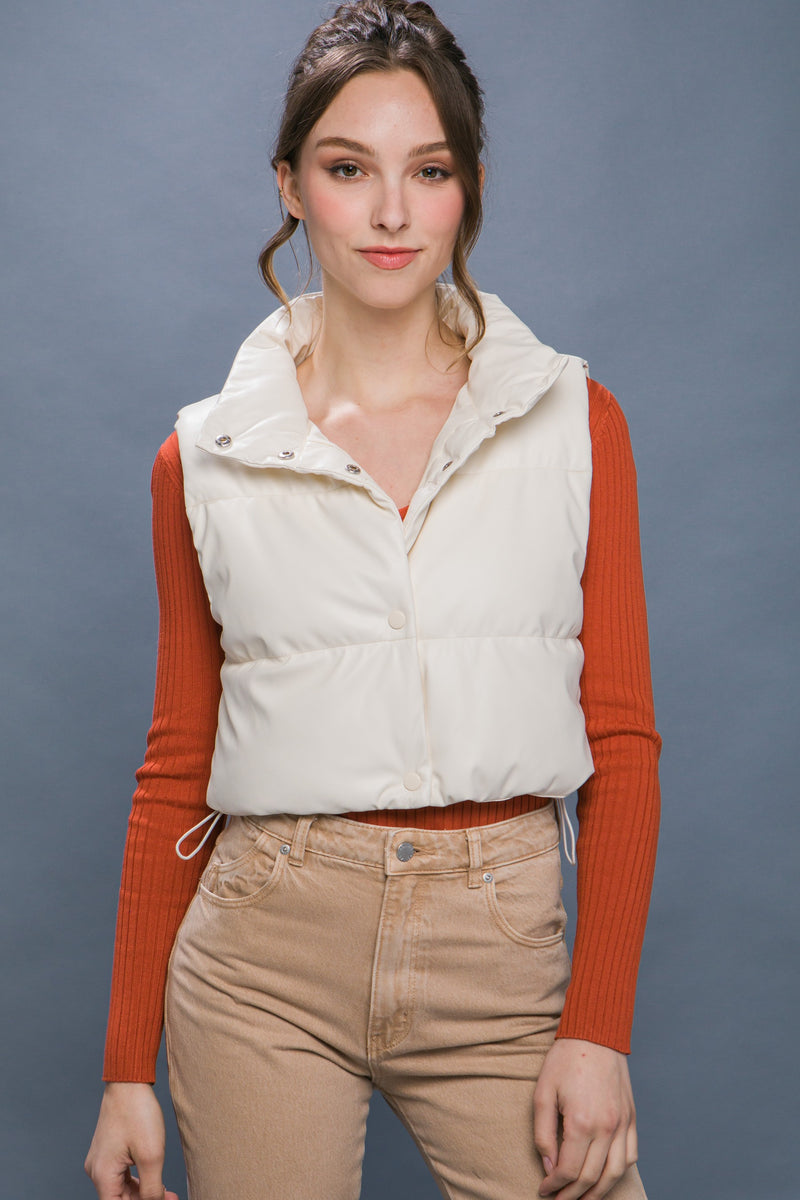 PU Faux Leather Puffer Vest with Snap Button