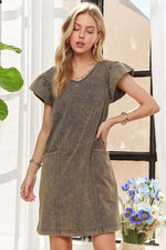 Mineral Washed V-Neck Ruffled Cap Sleeve Dress