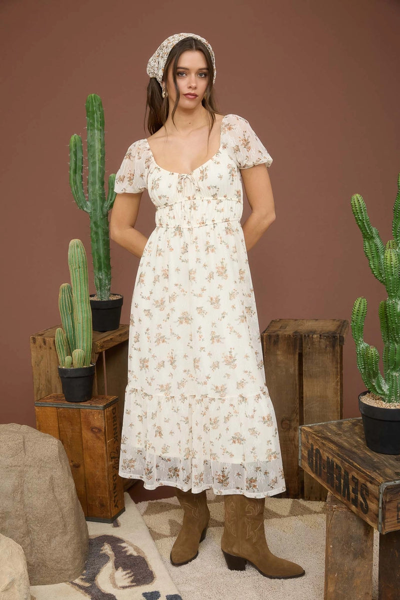 Sheer Floral Puff Sleeve Front Tie Midi Dress