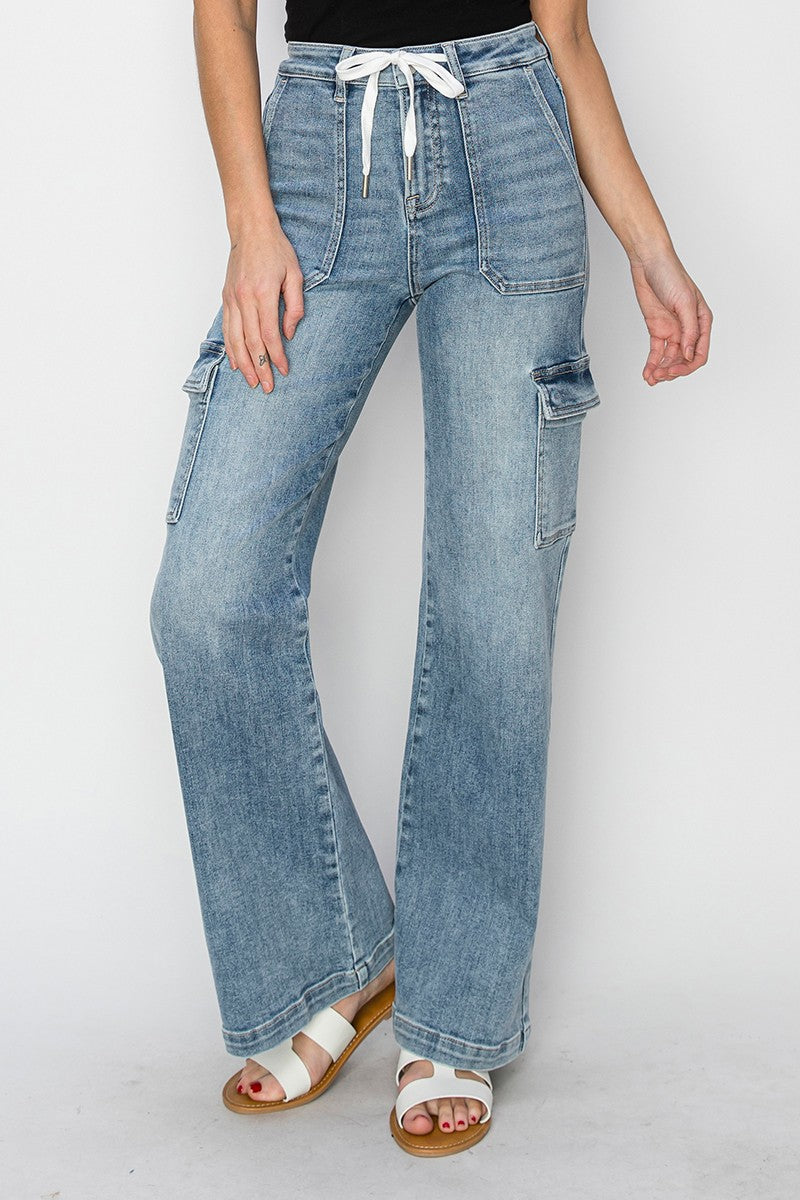 Risen Mid Rise Cargo Style Wide Straight Jeans