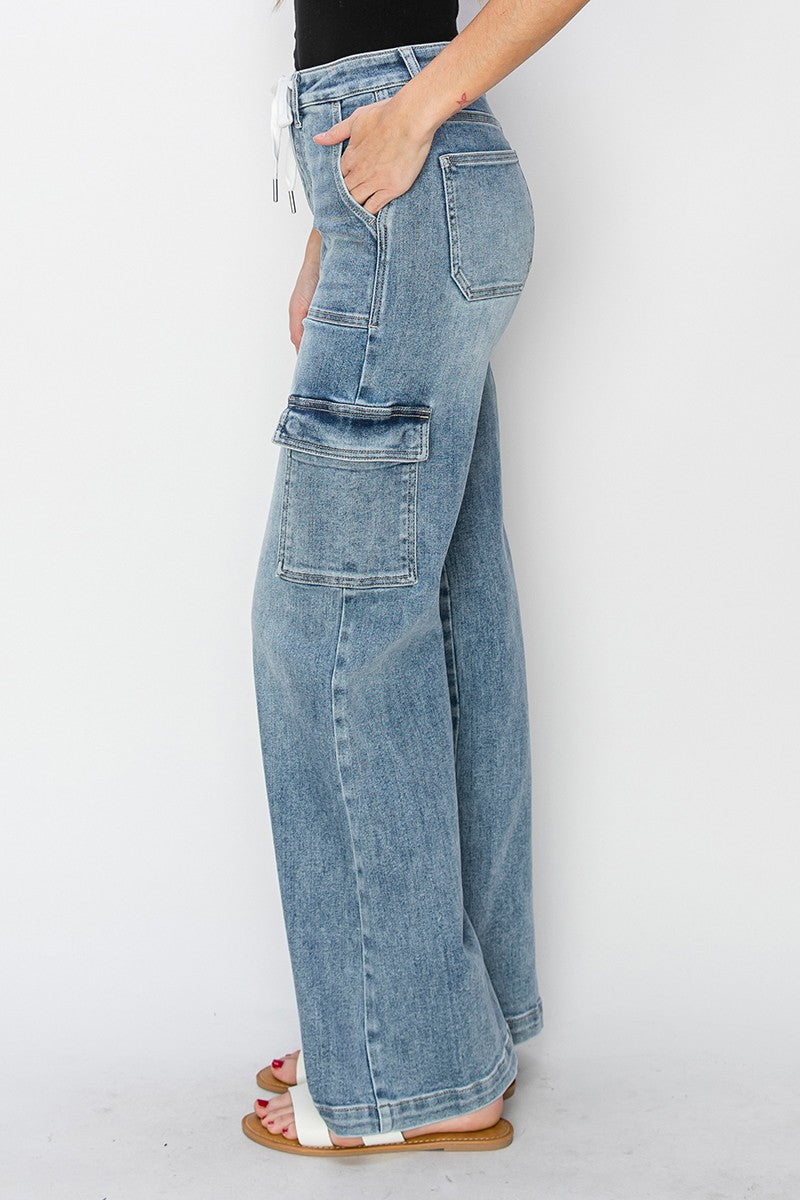 Risen Mid Rise Cargo Style Wide Straight Jeans