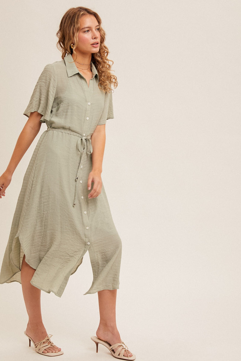 Textured Short Sleeve Button Down Dress