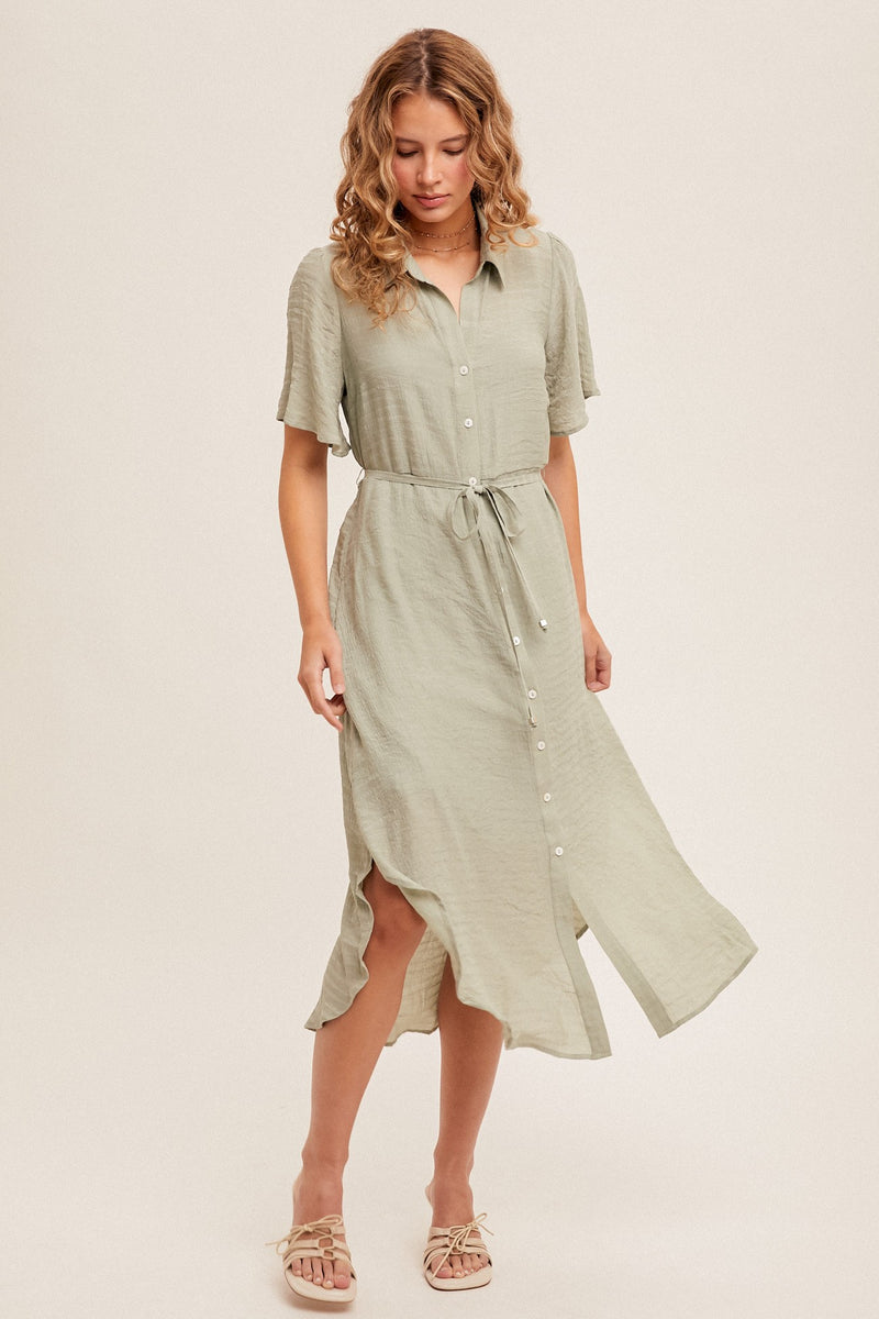 Textured Short Sleeve Button Down Dress