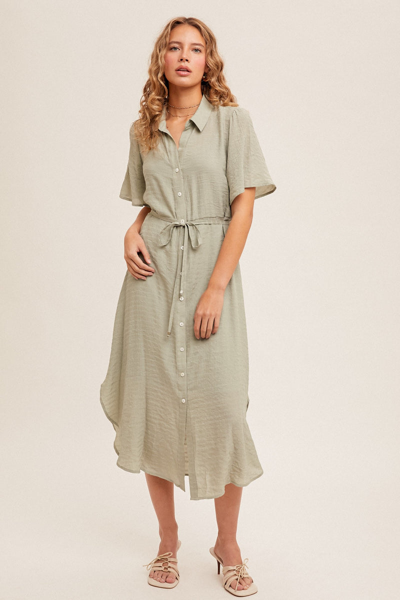 Textured Short Sleeve Button Down Dress