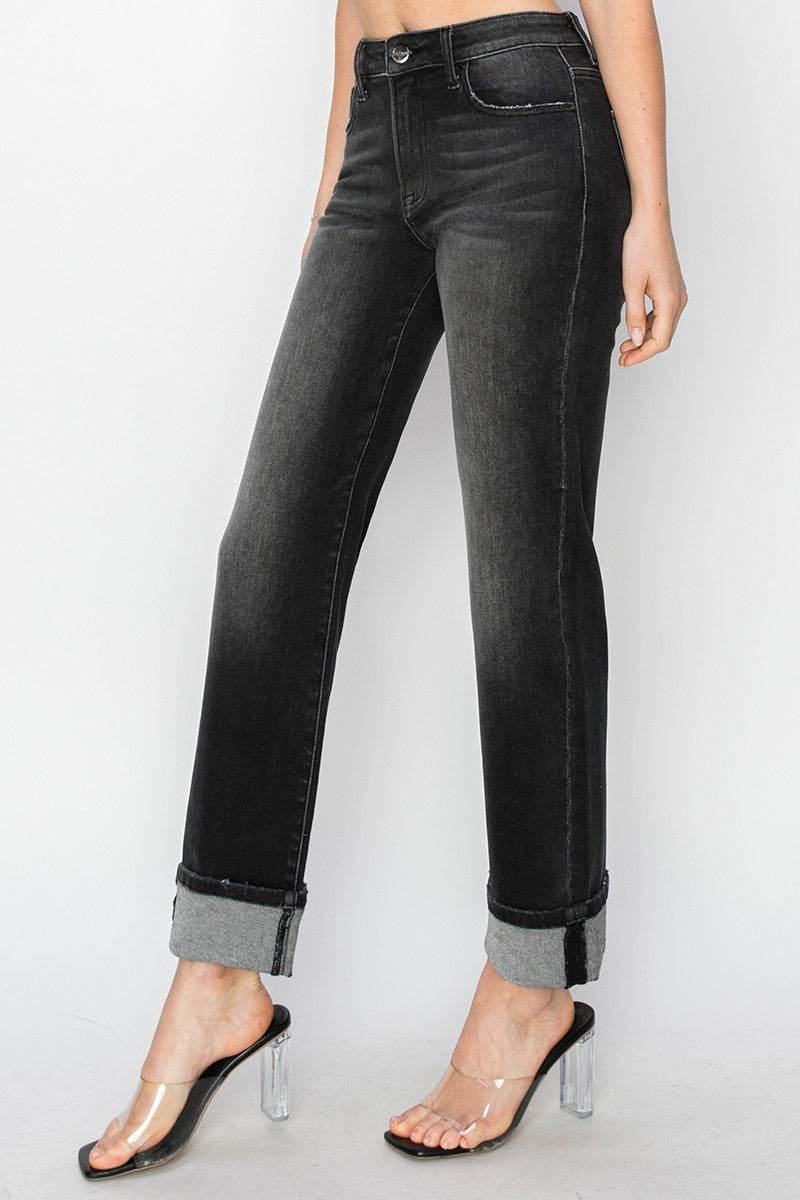 RISEN High Rise Straight Turn Up Cuff Jeans