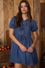 Dark Chambray Front Tie Puff Sleeve Mini Dress