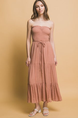 Rayon Strapless Smocked Maxi Dress