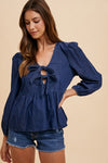 Tie Front Peplum Long Sleeve Denim Top