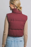 Burgundy High Neck Cropped Puffer Vest