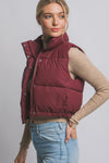 Burgundy High Neck Cropped Puffer Vest