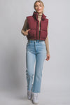 Burgundy High Neck Cropped Puffer Vest