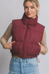 Burgundy High Neck Cropped Puffer Vest
