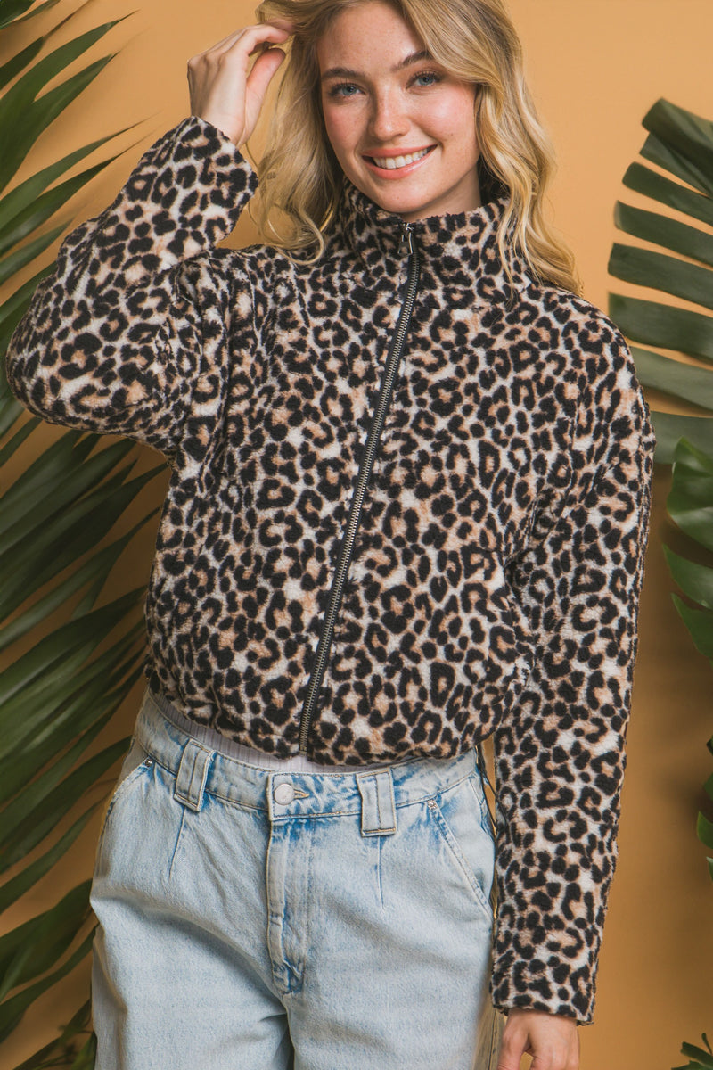 Mock-Neck Animal Print Teddy Jacket