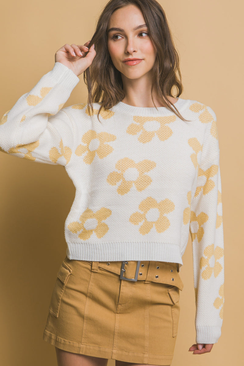 Crew Neck Floral Pattern Sweater