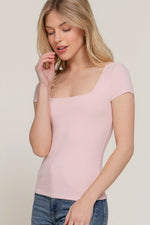 Short Sleeve Square Neck Double Layer Rib Knit Top