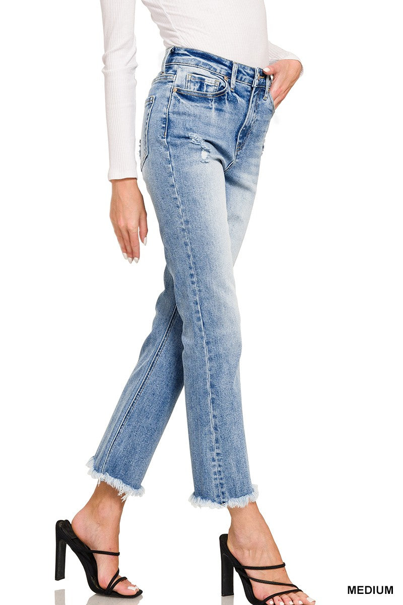 Zenana High Rise Straight Raw Hem Cropped Jeans