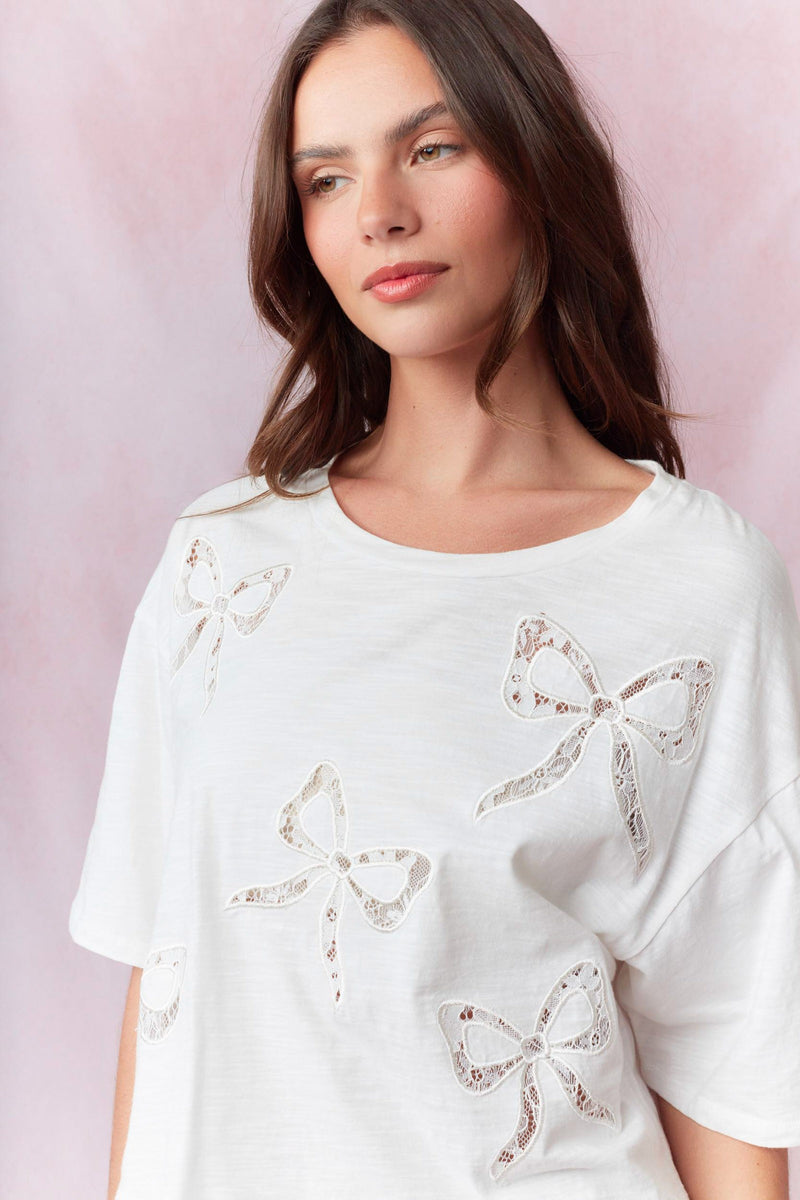Bow Lace Laser Cut Embroidery Detail Top