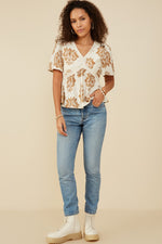 Textured Print Lace Detailed V-Neck Top