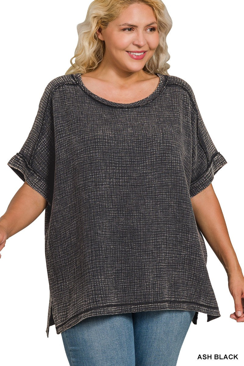 Zenana Plus Acid Washed Double Gauze Cuffed Short Sleeve Tee