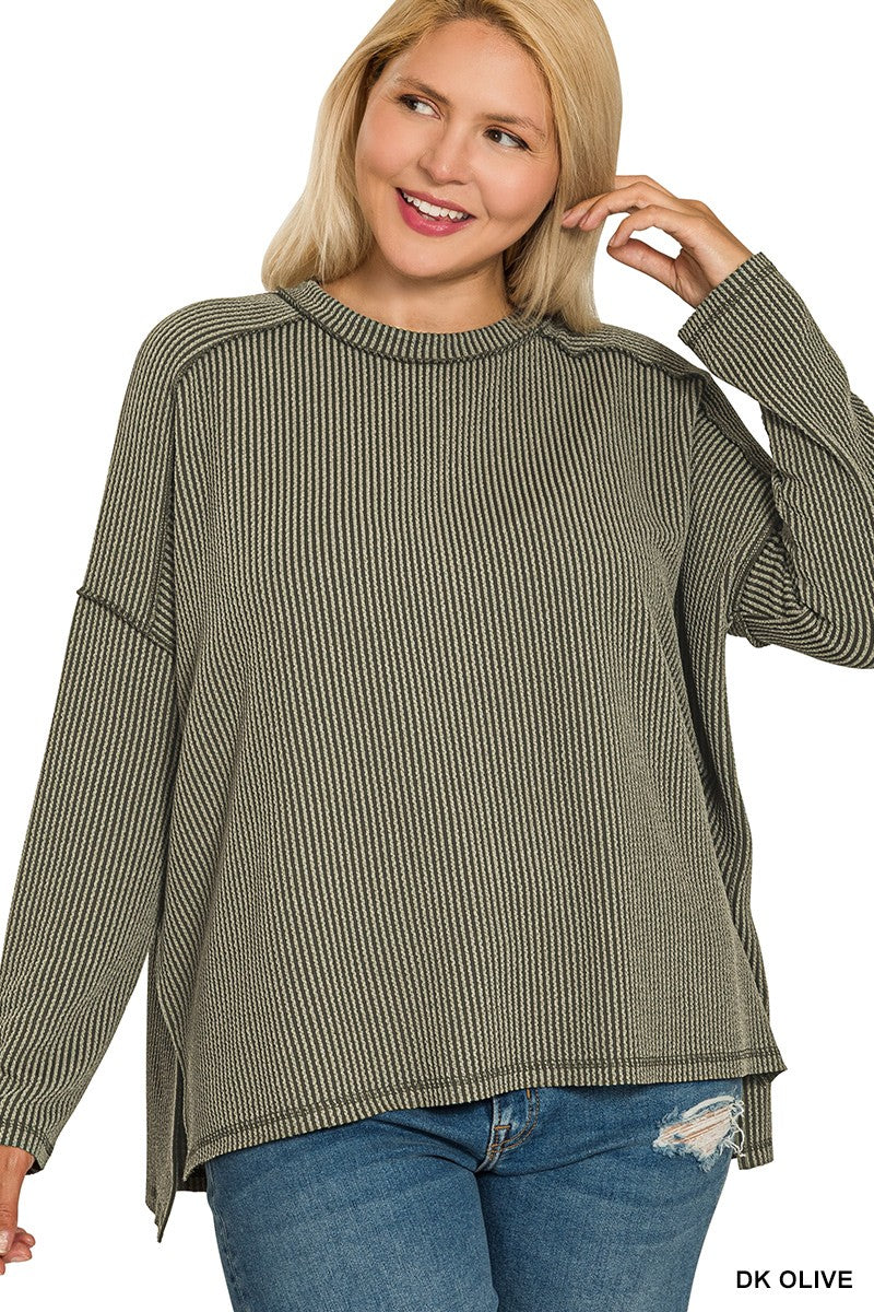 Zenana Plus Raised Rib Raw Edge Boat Neck Long Sleeve Top