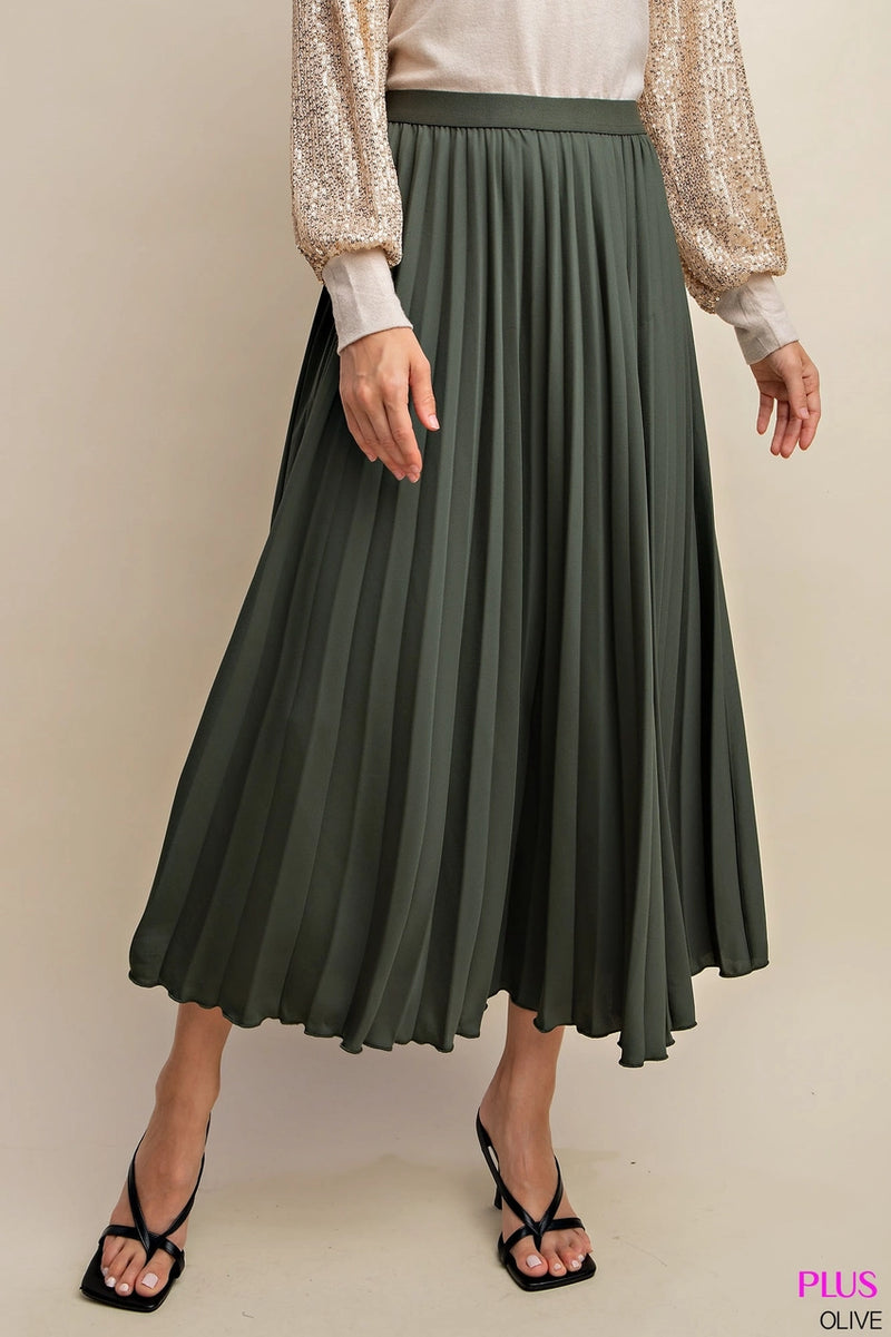 Plus Pleated Long Skirt with Elastic Waist Band