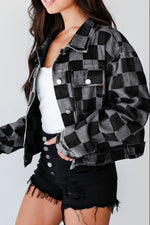 Checkered Button Up Denim Jacket